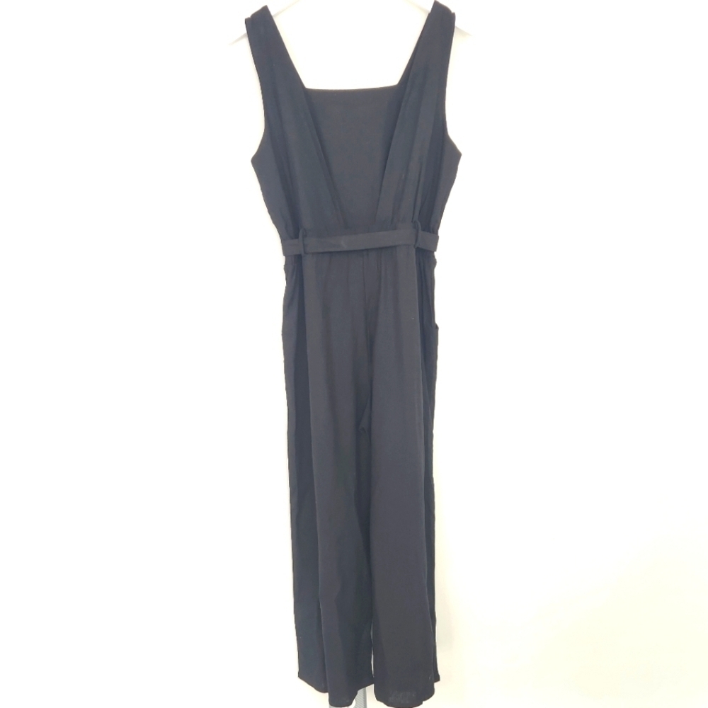 Monteau Black Linen Rayon Blend Tie-Waist V-Cutout Back Cropped Jumpsuit Size L - Picture 7 of 11